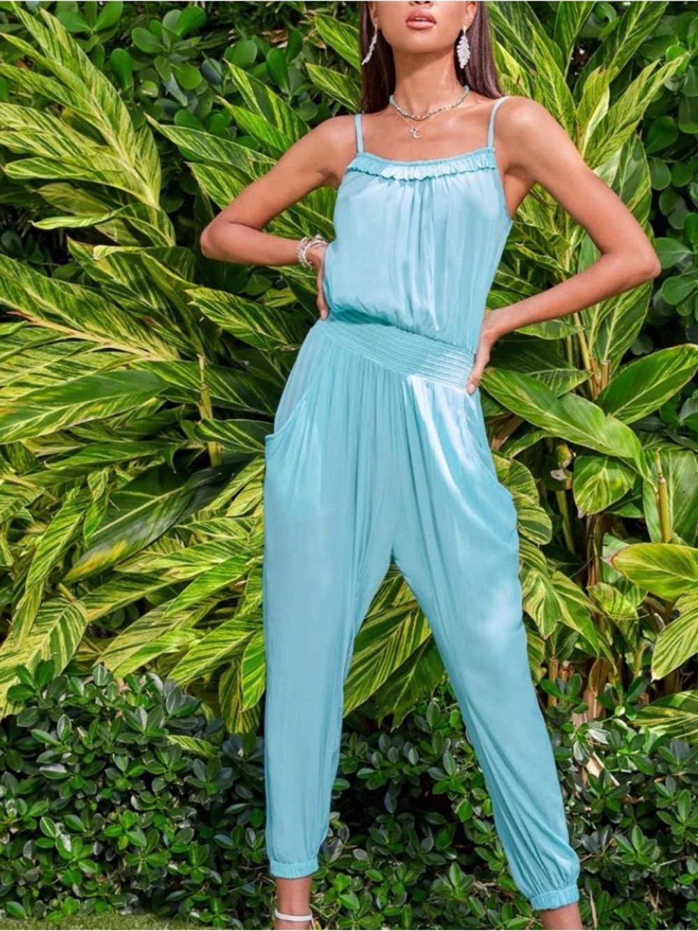 Ramy Brook “Ivy” Sage Green Sleeveless Smocked-Waist Jumpsuit (XS)